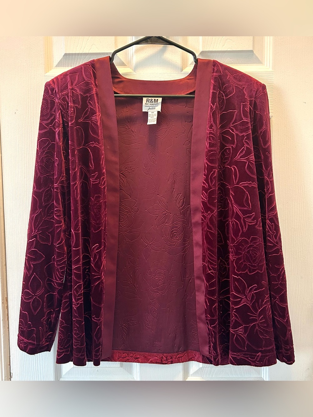 R&M Richards Women’s Petite 14P Velvet Rose Burgundy Burnout Blazer Jacket